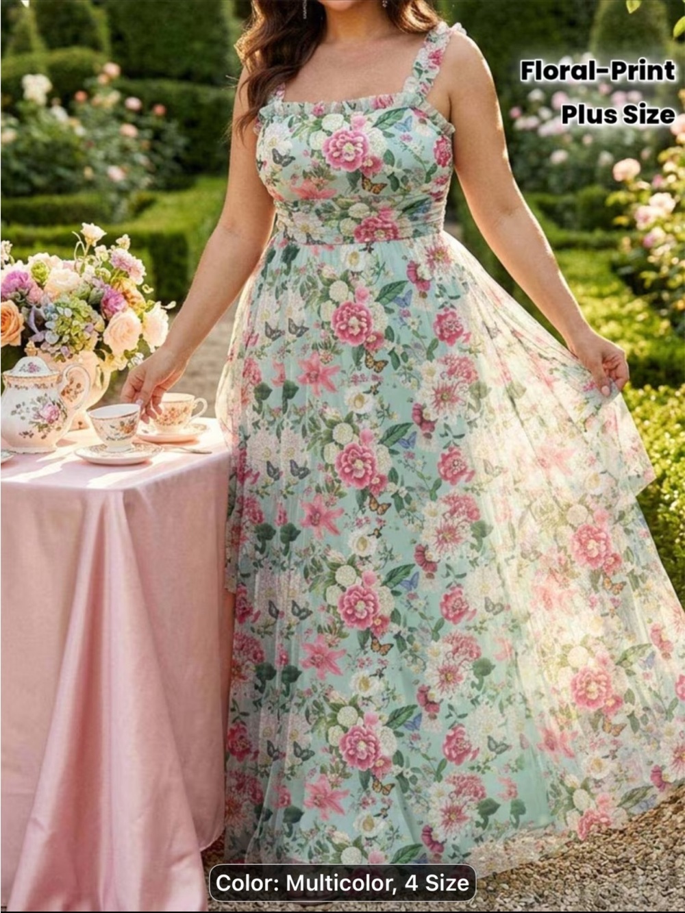 SHEIN Mint Floral Maxi Dress with Pink Roses